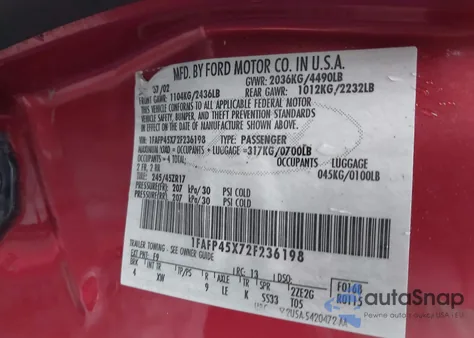 2002 Ford Mustang Gt z USA, uszkodzony, nr VIN 1FAFP45X72F236198